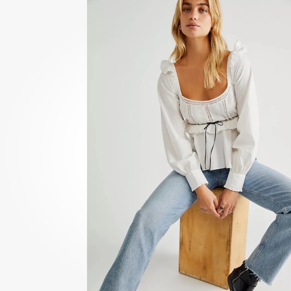 NWT Free People Cathleen White Black Ruffle Cotton blouse top women medium XL